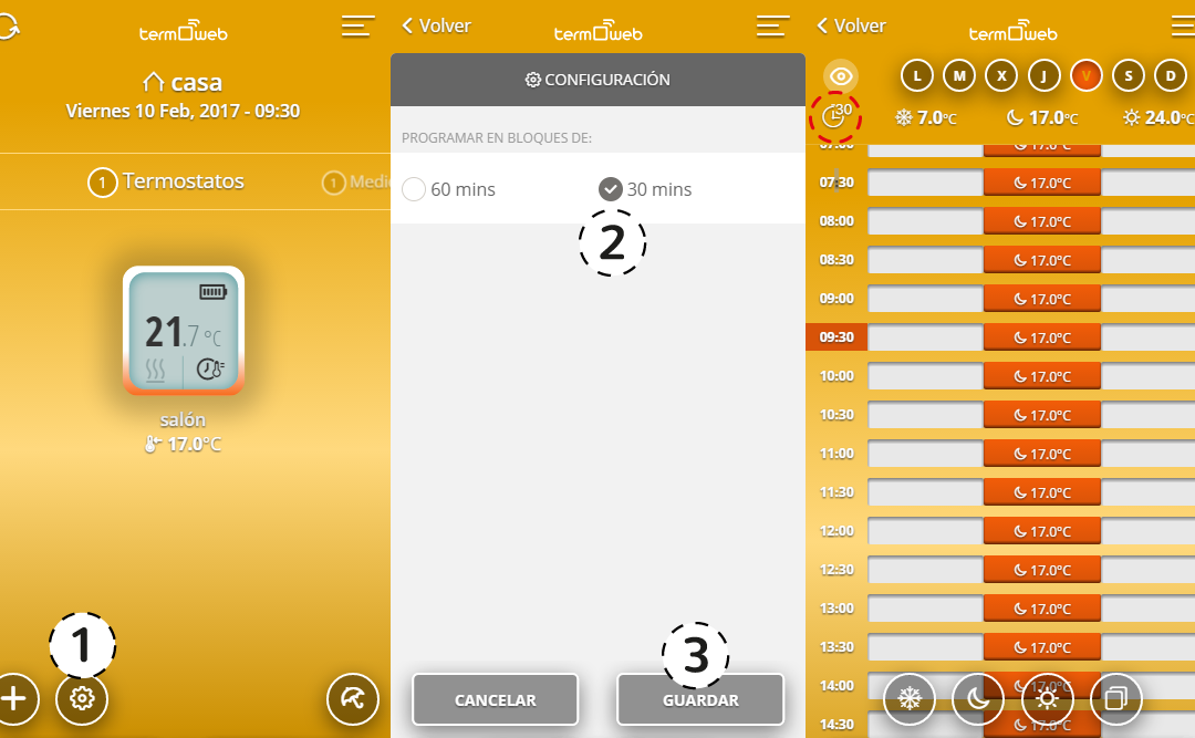 PROGRAMACIÓN EN BLOQUES DE 30 / 60 MINUTOS PARA TERMOSTATOS DE PARED